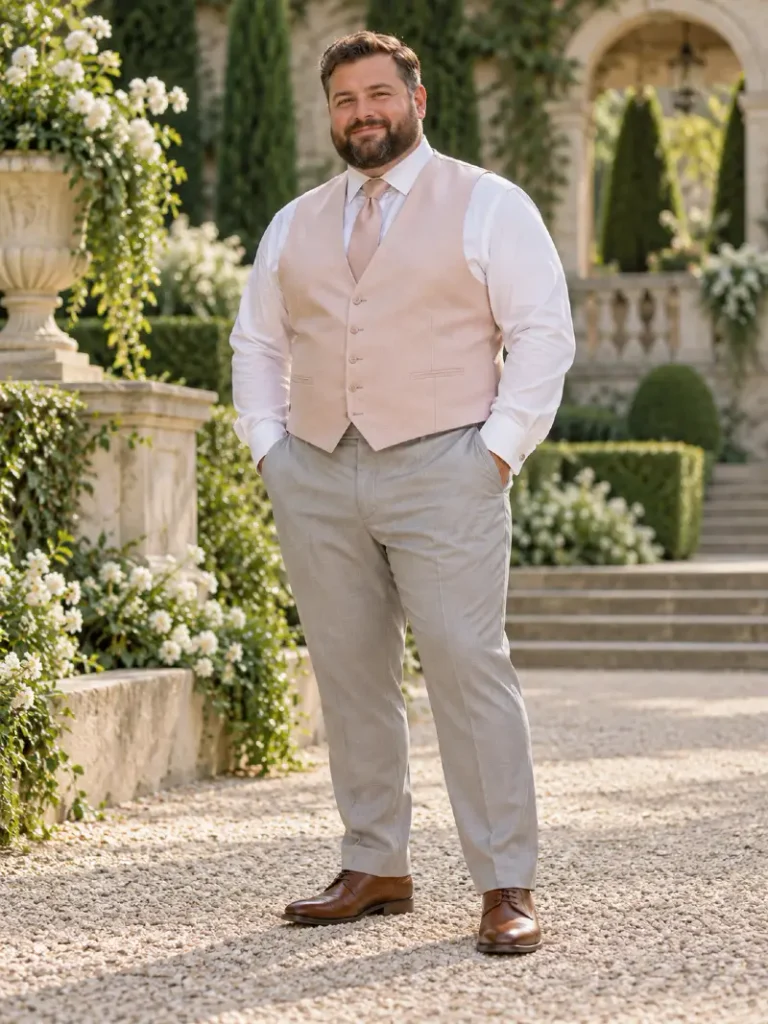 Blush Pink Waistcoat With Light Grey Trousers