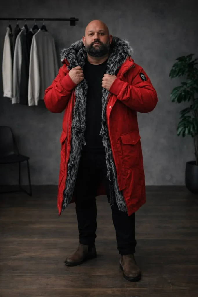 Bold Red Parka with Faux Fur over Solid Black