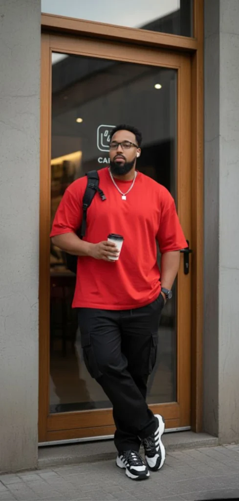 Bold Red Statement With Utilitarian Cargo Pants