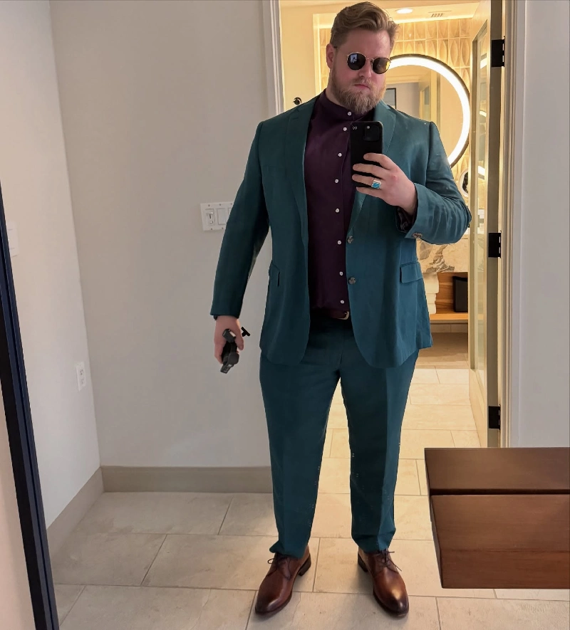 Bold Teal Suit and Plum Shirt