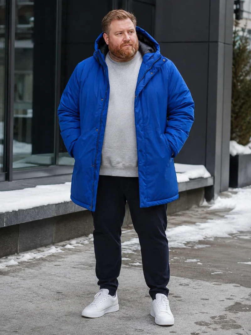 Bright Blue Parka Jacket with Light Grey Sweatshirt and Dark Navy Pants