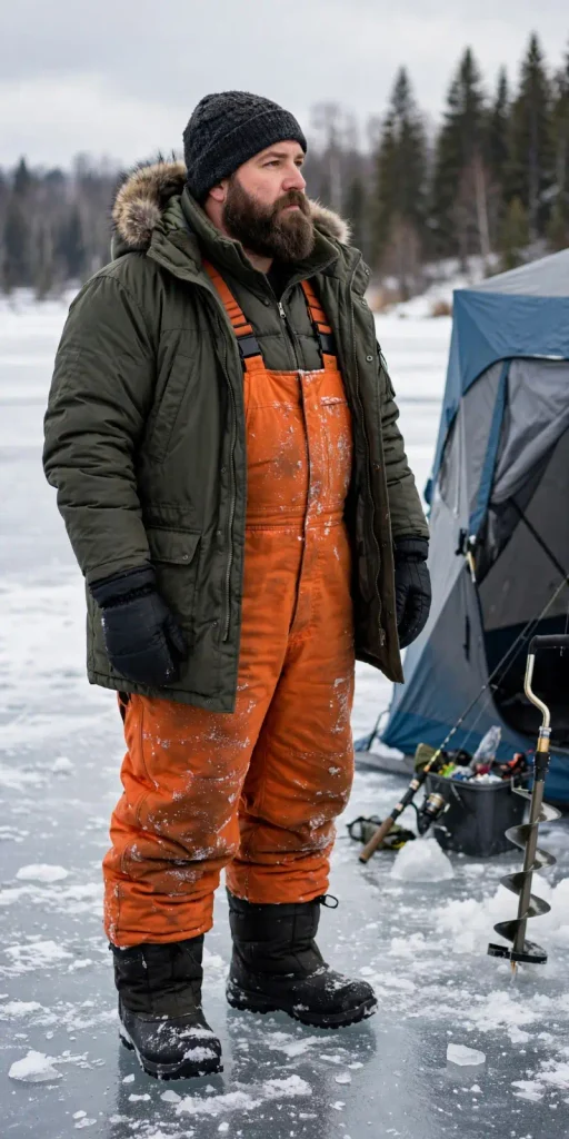 Bright Orange Bibs Framed by an Earthy Olive Parka