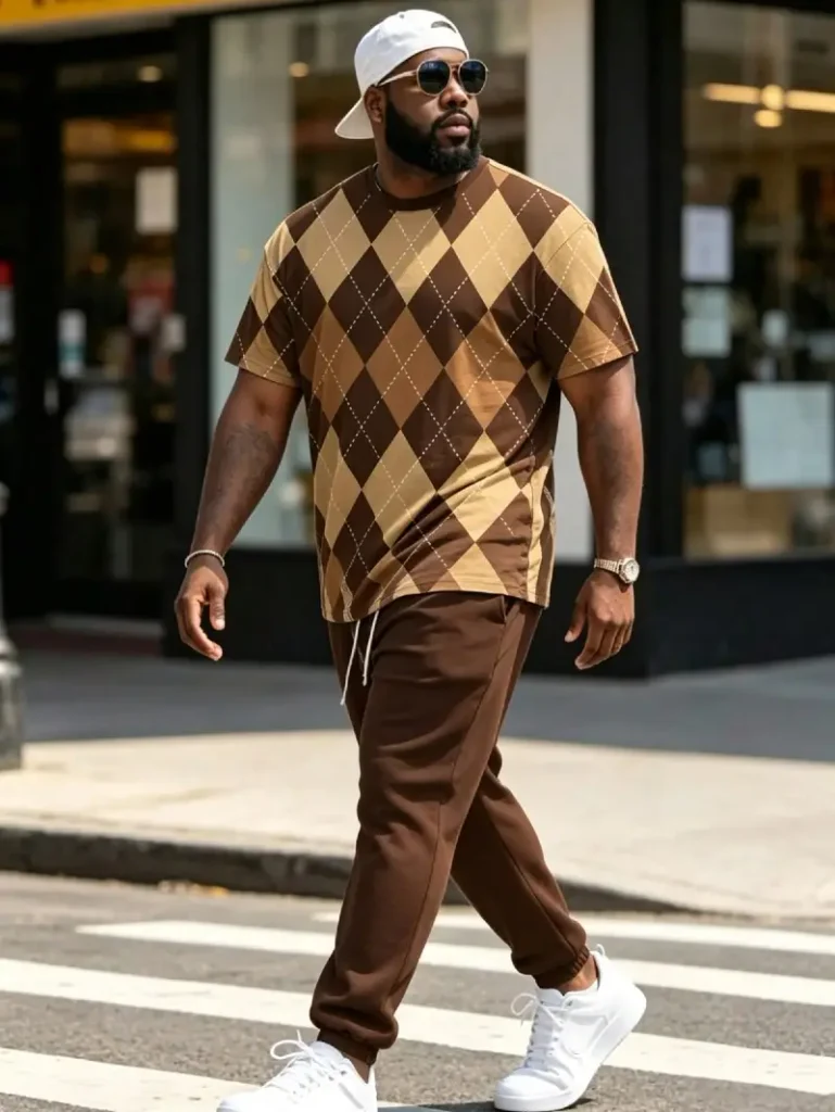 Brown Argyle Tee With Crisp White Sneakers