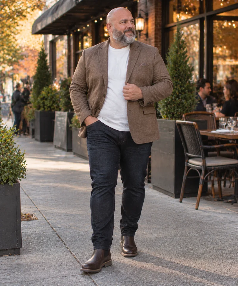 Brown Blazer with White Sweater, Dark Jeans