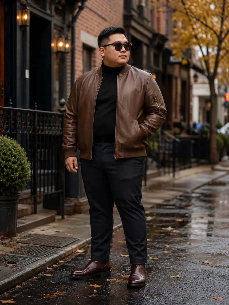 Brown Bomber Jacket and Black Trousers