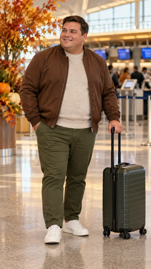 Brown Bomber Jacket with Olive Chinos