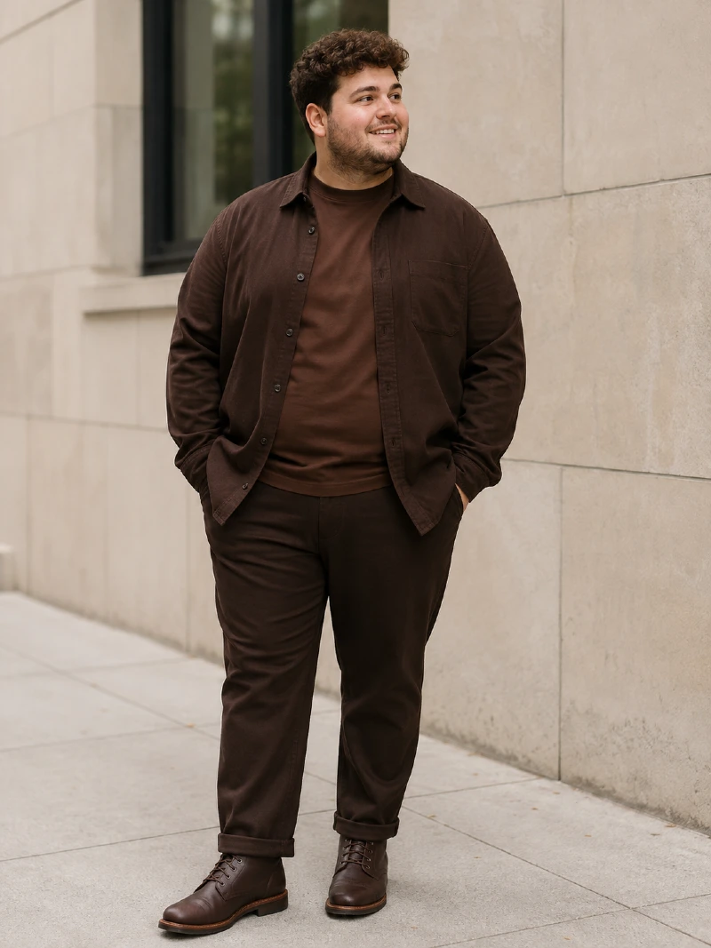 Brown Button-Down Shirt, T-Shirt, and Trousers