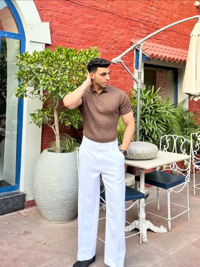 Brown Cable-Knit Polo Shirt and White Trousers