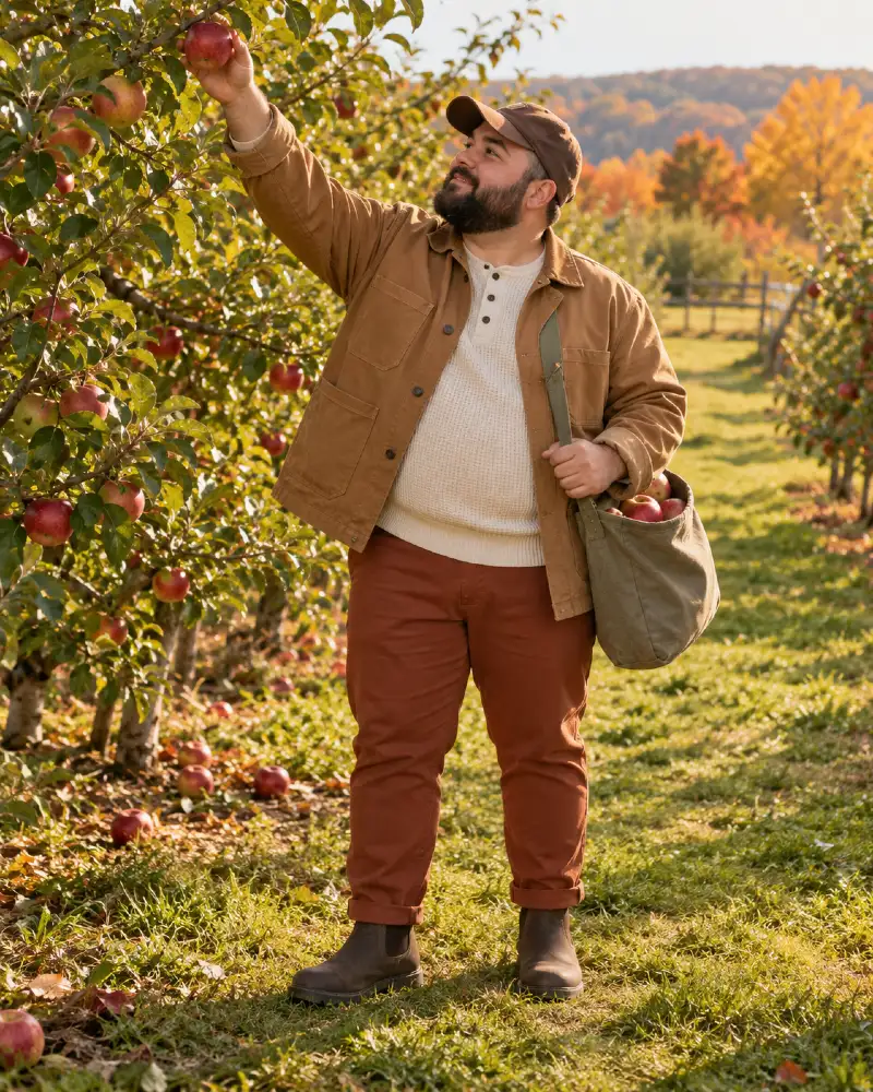 Brown Canvas Jacket, Cream Sweater, Rust Pants & Boots Outfit