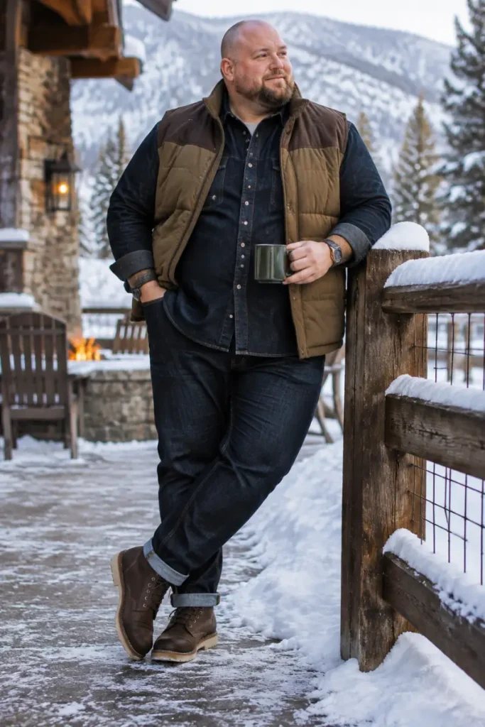 Brown Canvas Vest Over Indigo Double Denim