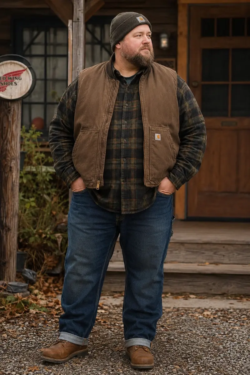 Brown Canvas Work Vest with Dark Plaid Flannel Shirt, Cuffed Blue Jeans, and Knit Beanie