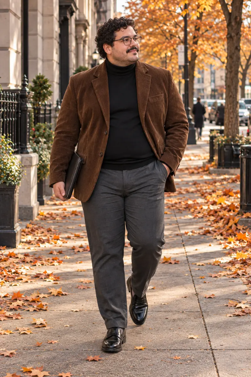 Brown Corduroy Blazer With Black Turtleneck and Gray Trousers