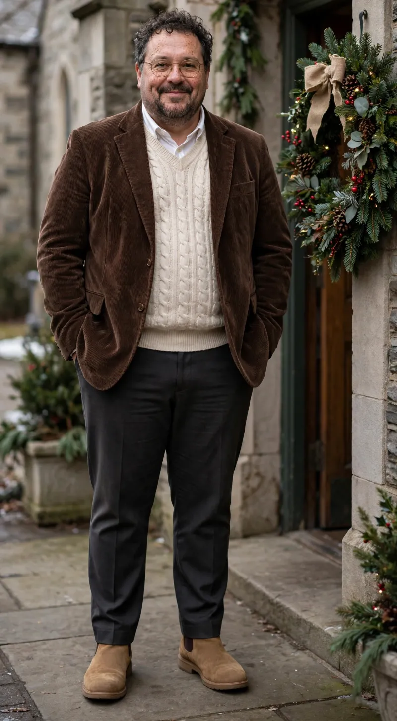 Brown Corduroy Blazer with Cream Cable-Knit Sweater Vest, White Dress Shirt, Charcoal Trousers, and Tan Suede Chelsea Boots