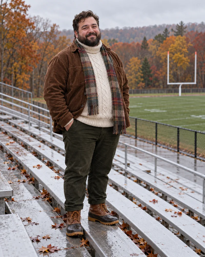 Brown Corduroy Jacket and Cable Knit Sweater for a Cold Football Game