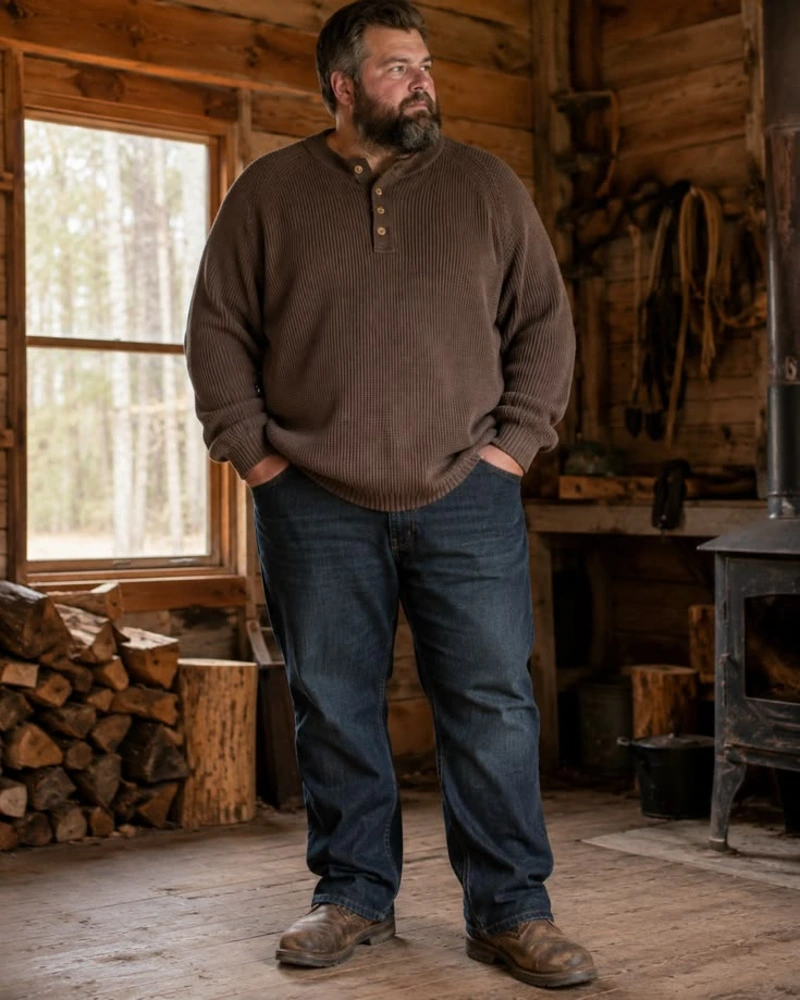 Brown Henley Sweater With Dark Jeans