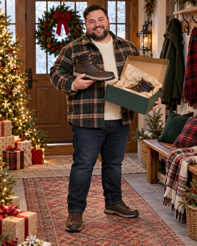 Brown Hiking Boots with Plaid Overshirt, Cream Sweater, and Dark Jeans
