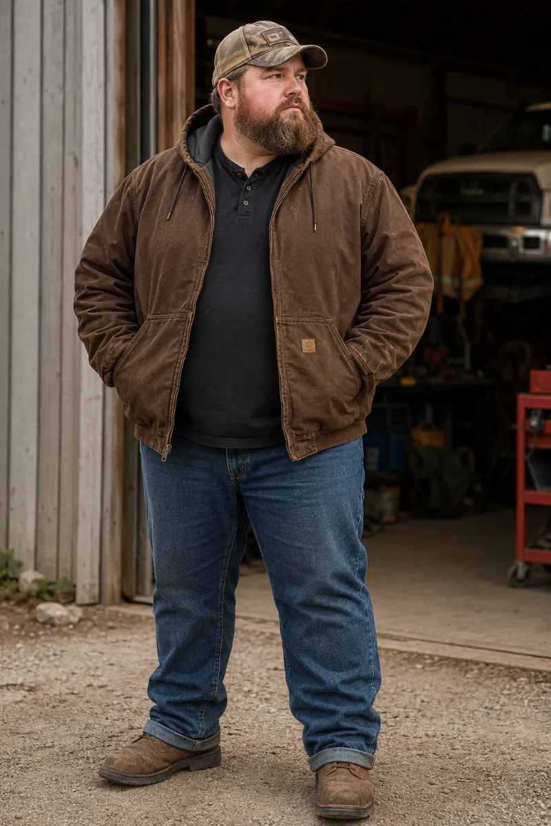 Brown Hooded Duck Canvas Work Jacket with Black Henley, Cuffed Jeans, and Camo Baseball Cap
