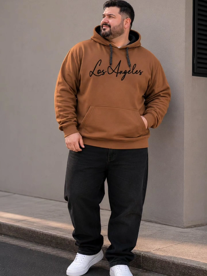 Brown Hoodie With Black Jeans and White Sneakers