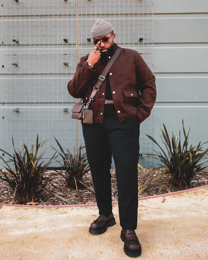 Brown Jacket and Black Trousers