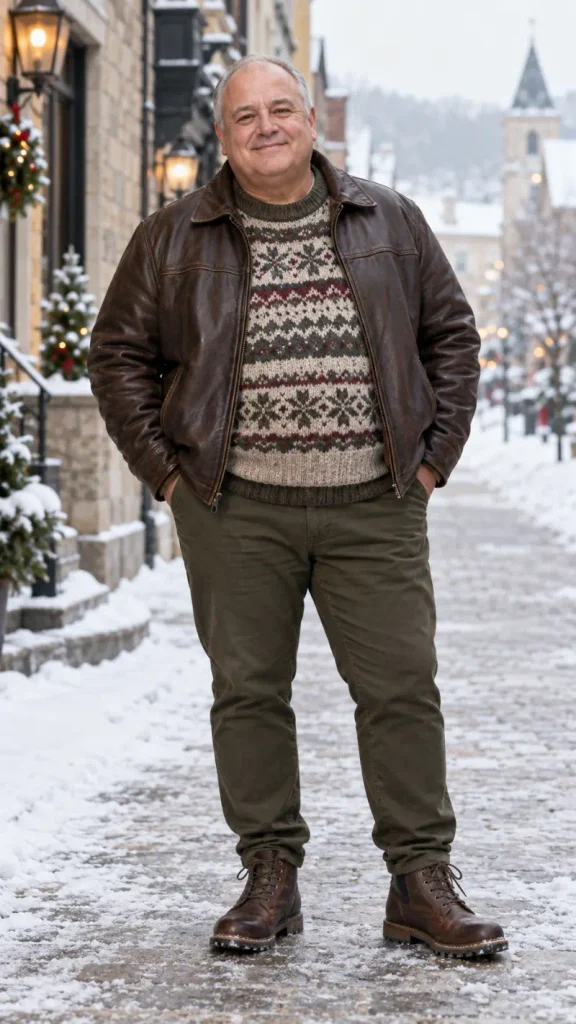 Brown Leather Bomber and Fair Isle Knit