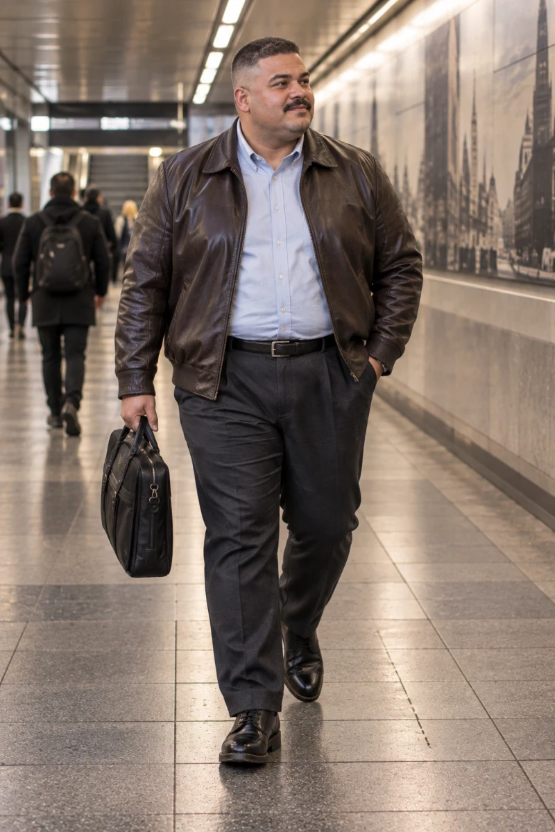 Brown Leather Jacket With Blue Shirt and Charcoal Trousers