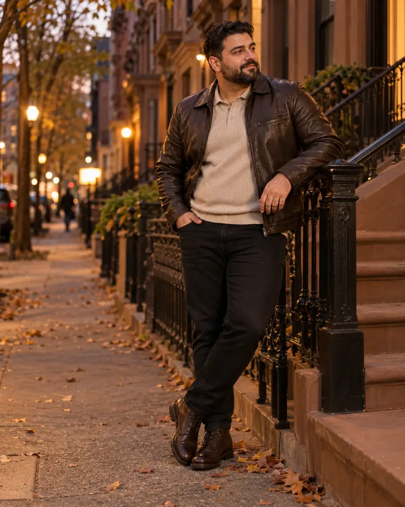 Brown Leather Jacket and Black Denim