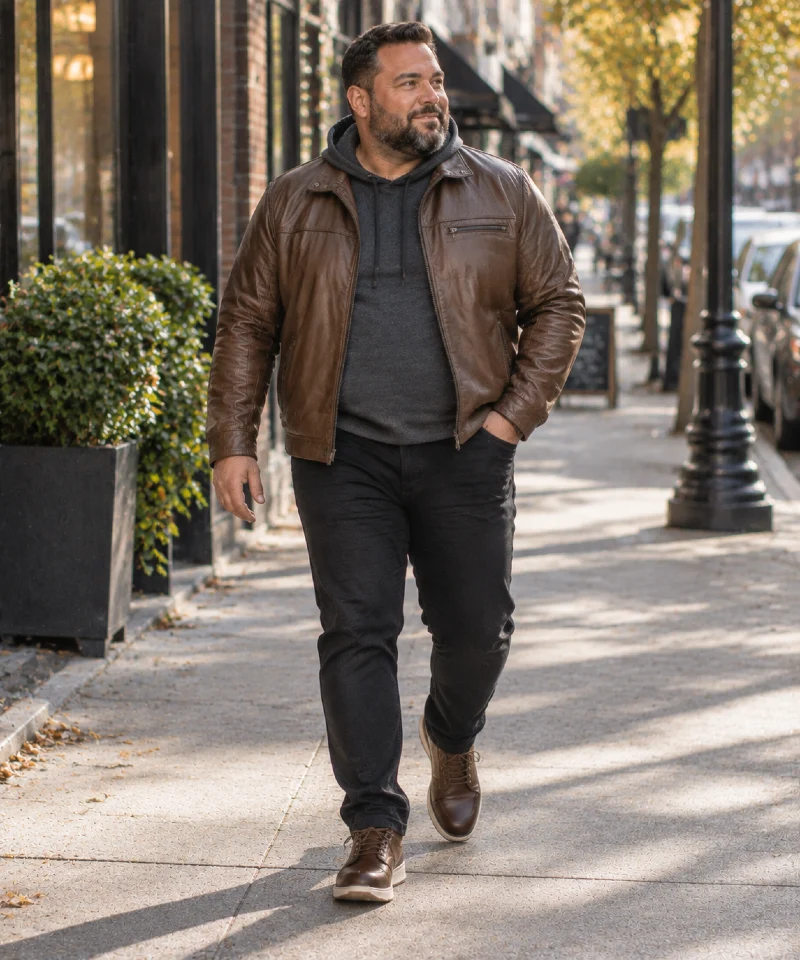 Brown Leather Jacket with Gray Hoodie, Black Pants, and Brown Boots