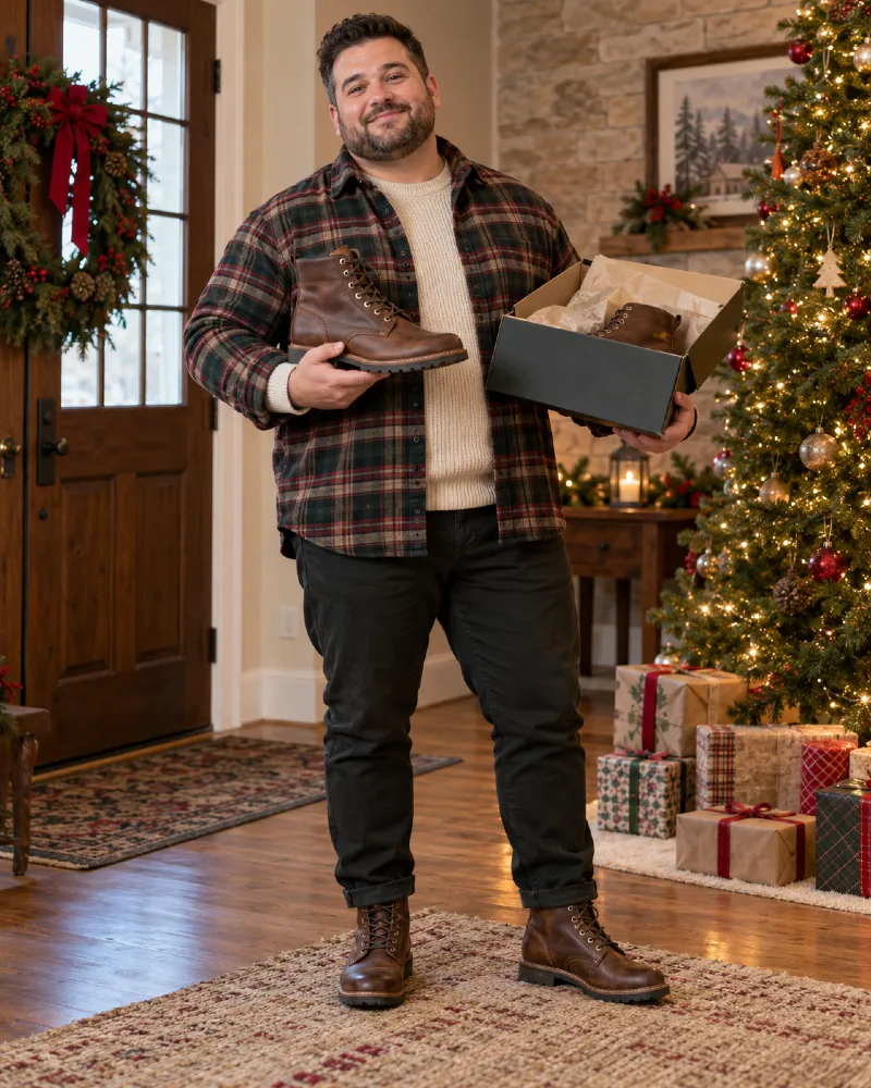 Brown Leather Lace-Up Boots, Plaid Overshirt, Cream Sweater