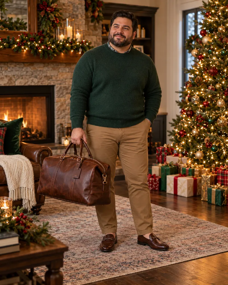 Brown Leather Weekender Bag, Forest Green Sweater, Tan Chinos