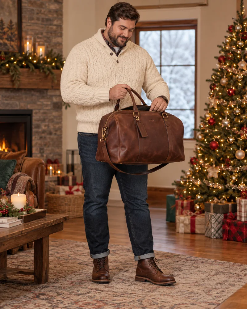 Brown Leather Weekender Bag with Cable-Knit Sweater
