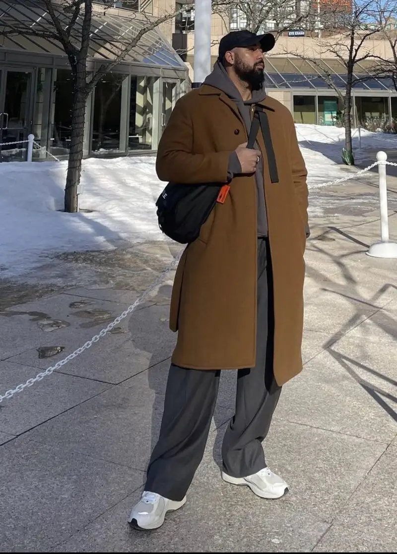 Brown Long Coat with Grey Hoodie and Wide Trousers