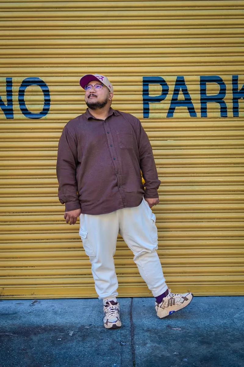 Brown Long Sleeve Button Up Shirt and Off-White Cargo Sweatpants