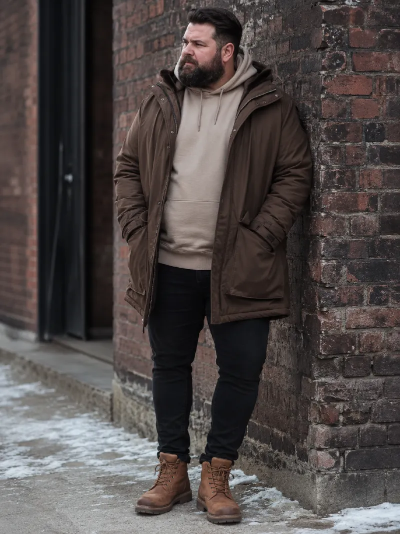 Brown Parka Jacket with Beige Hoodie and Black Jeans