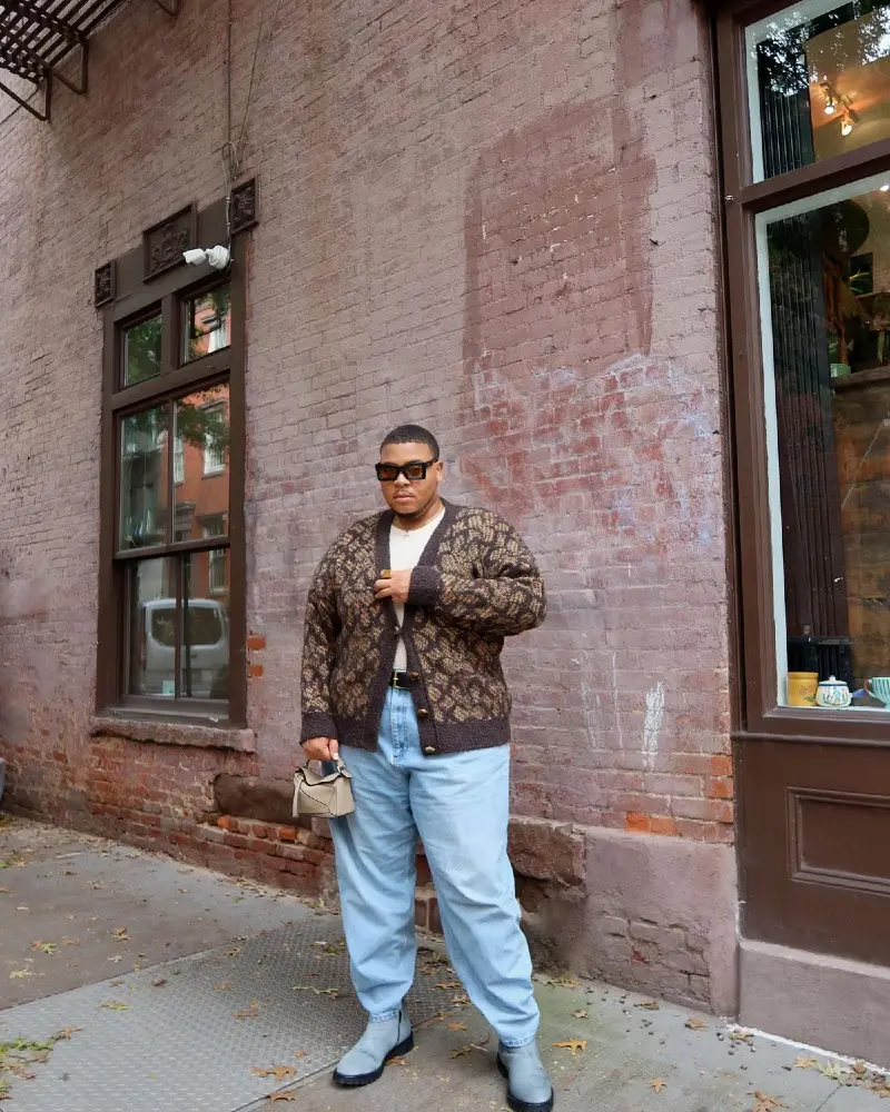 Brown Patterned Cardigan and Light-Wash Jeans