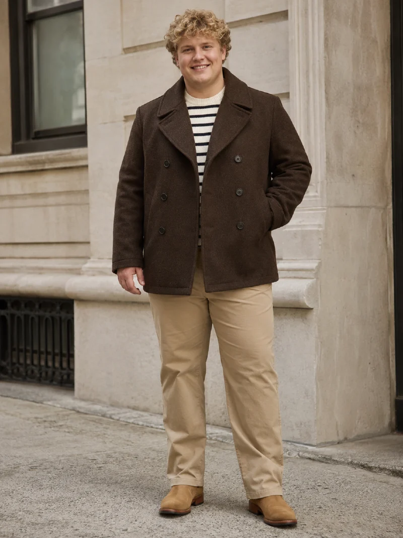 Brown Peacoat, Striped Sweater, and Tan Chinos