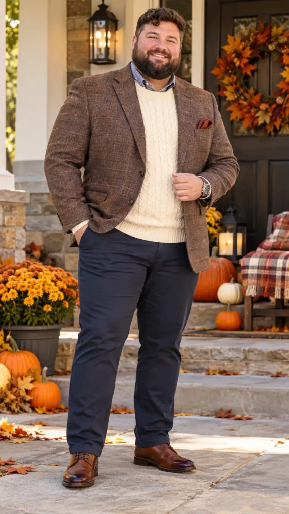 Brown Plaid Blazer And Cable Knit Sweater