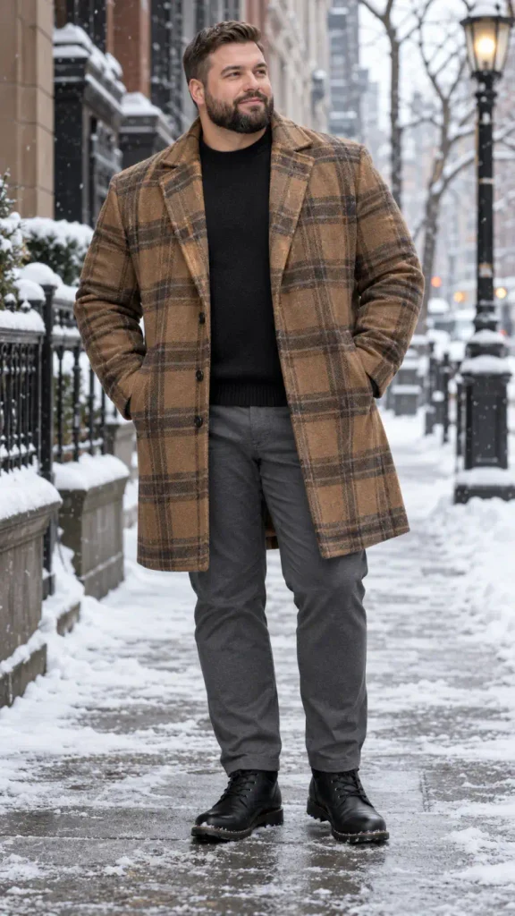 Brown Plaid Overcoat and Black Crewneck