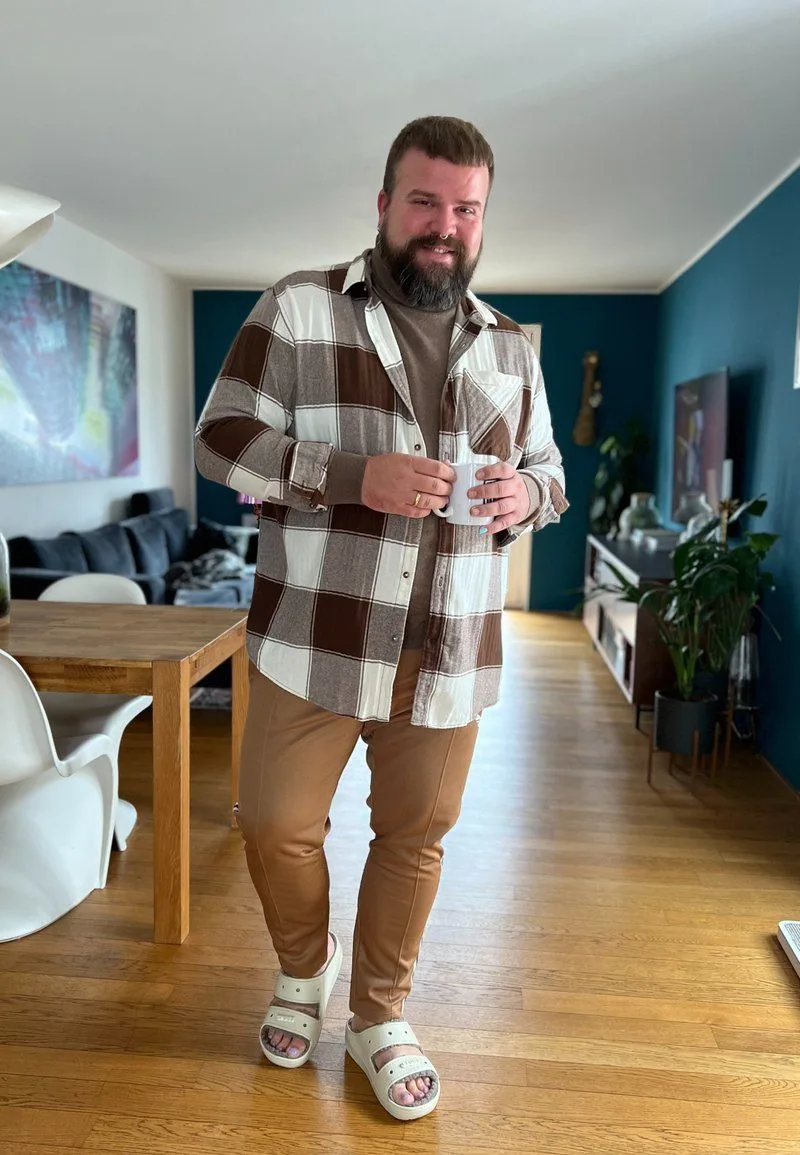 Brown Plaid Shirt, Turtleneck, and Tan Pants