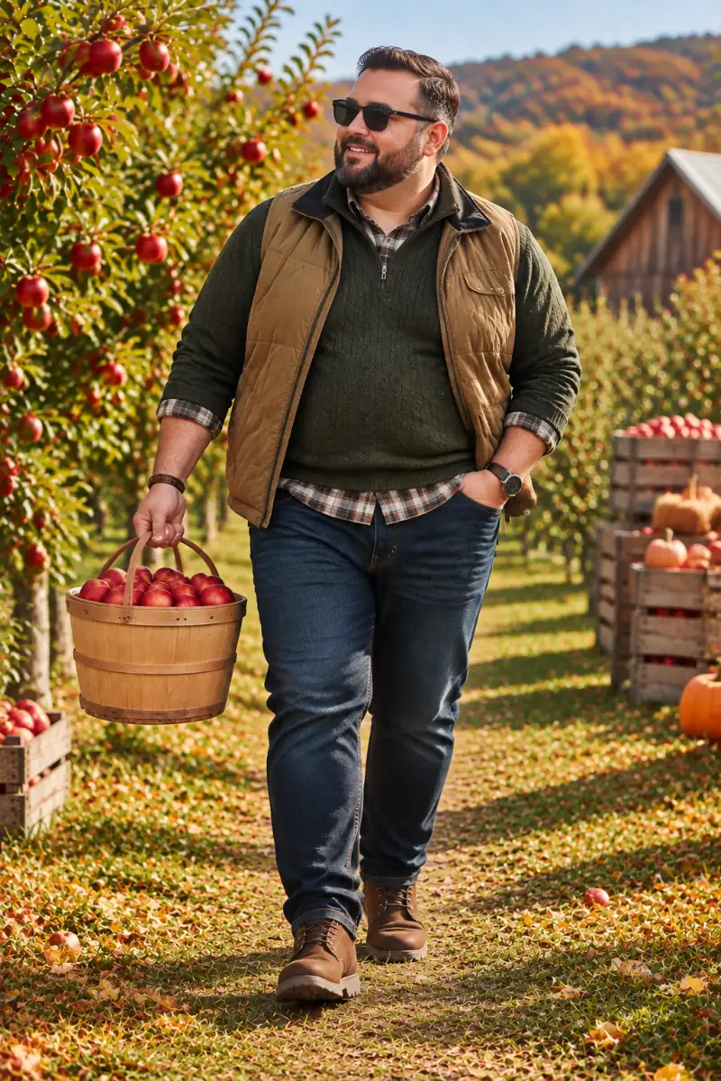 Brown Puffer Vest, Green Sweater, Plaid Shirt, Jeans & Boots Outfit