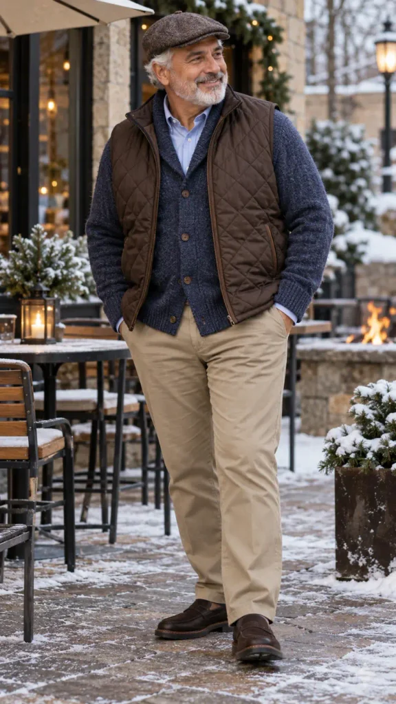 Brown Quilted Vest and Navy Shawl Cardigan