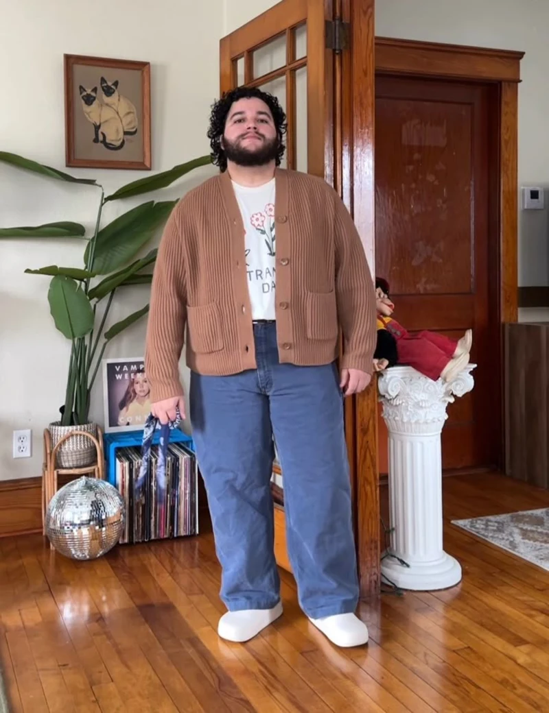Brown Ribbed Cardigan and Blue Wide-Leg Pants
