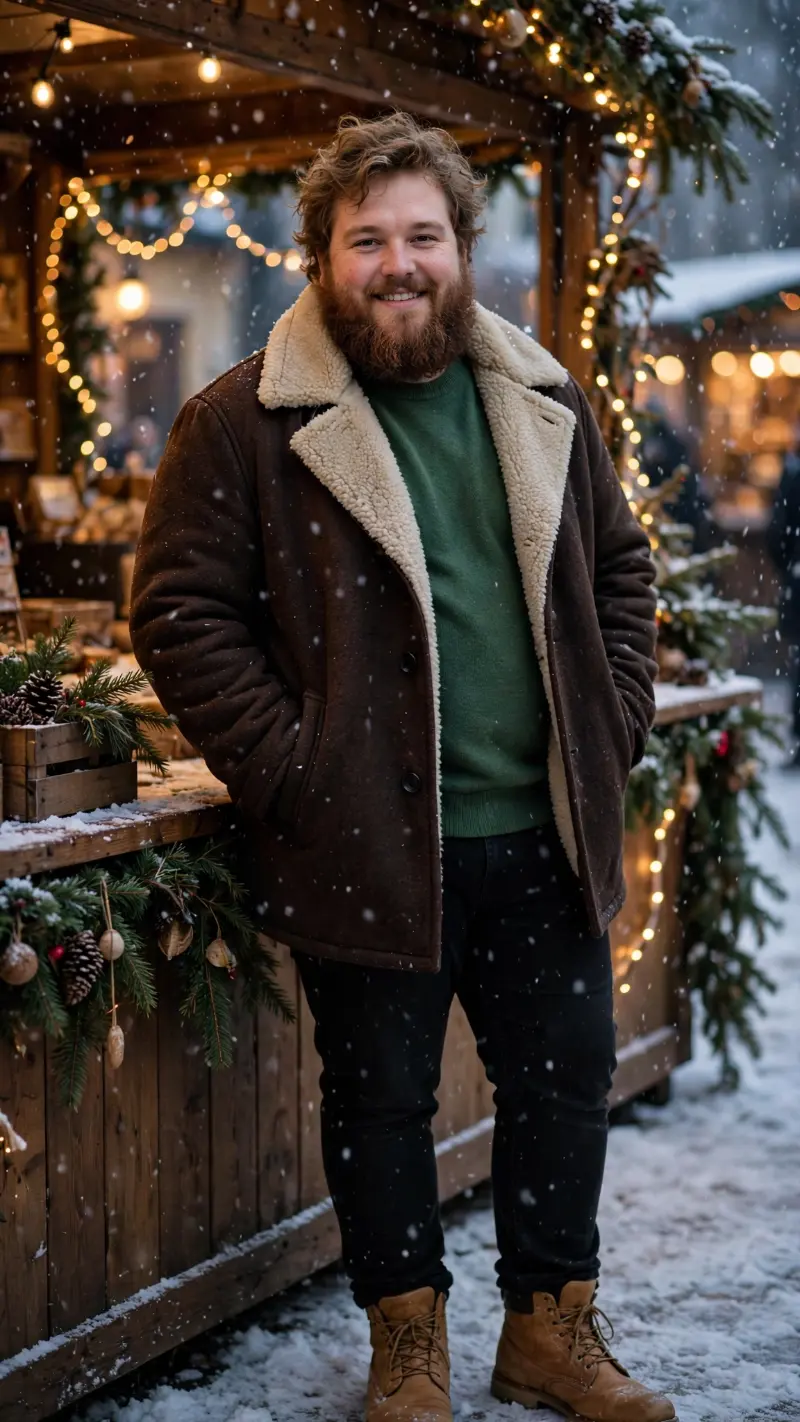 Brown Shearling Coat with Green Crew Neck Sweater and Black Jeans