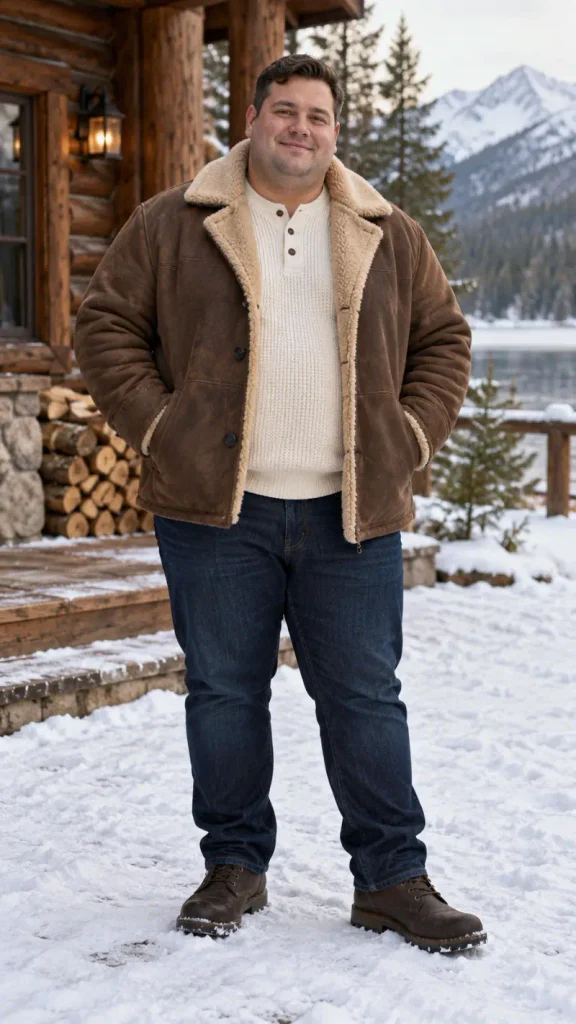 Brown Shearling Jacket and Cream Thermal