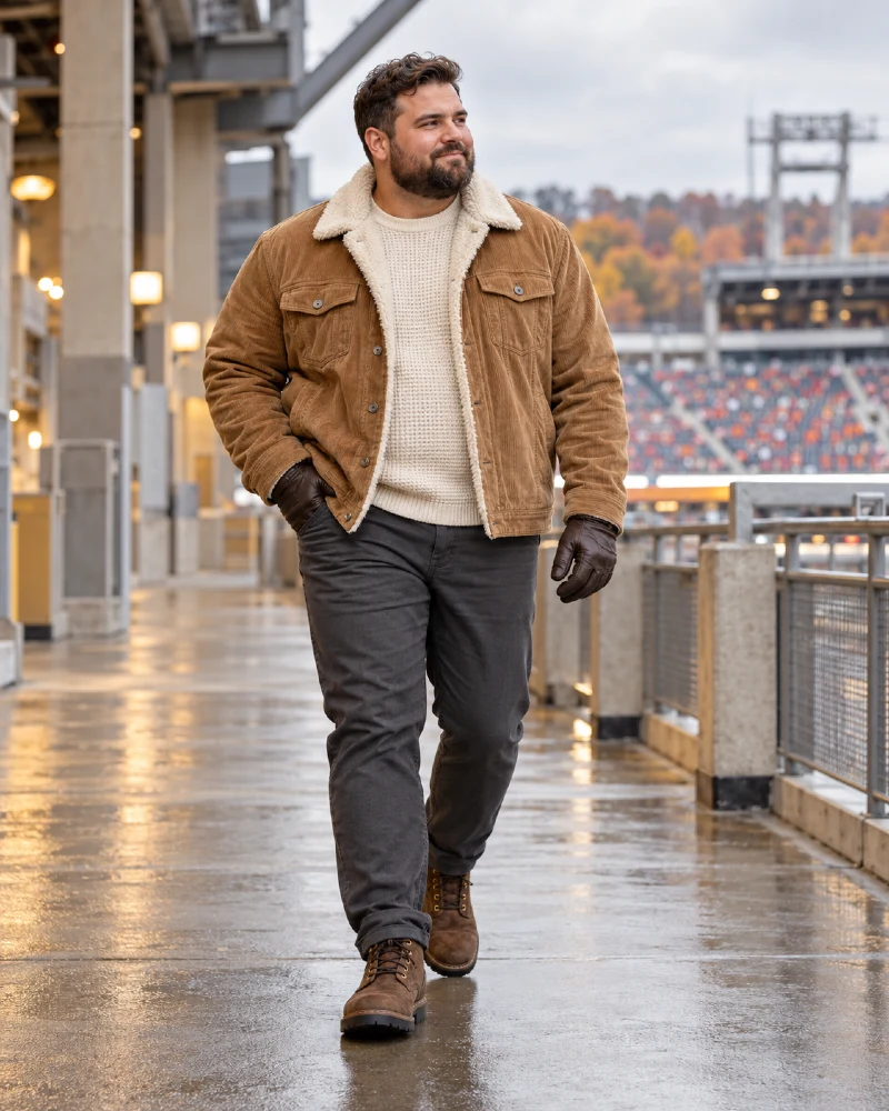 Brown Sherpa Jacket and Cream Sweater for Rainy Football Days