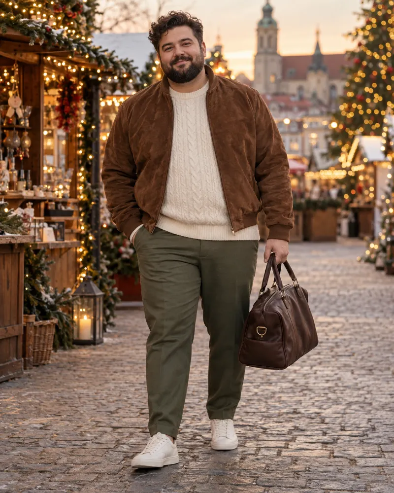 Brown Suede Bomber Jacket with Cream Cable-Knit Sweater, Olive Green Chinos, and White Sneakers