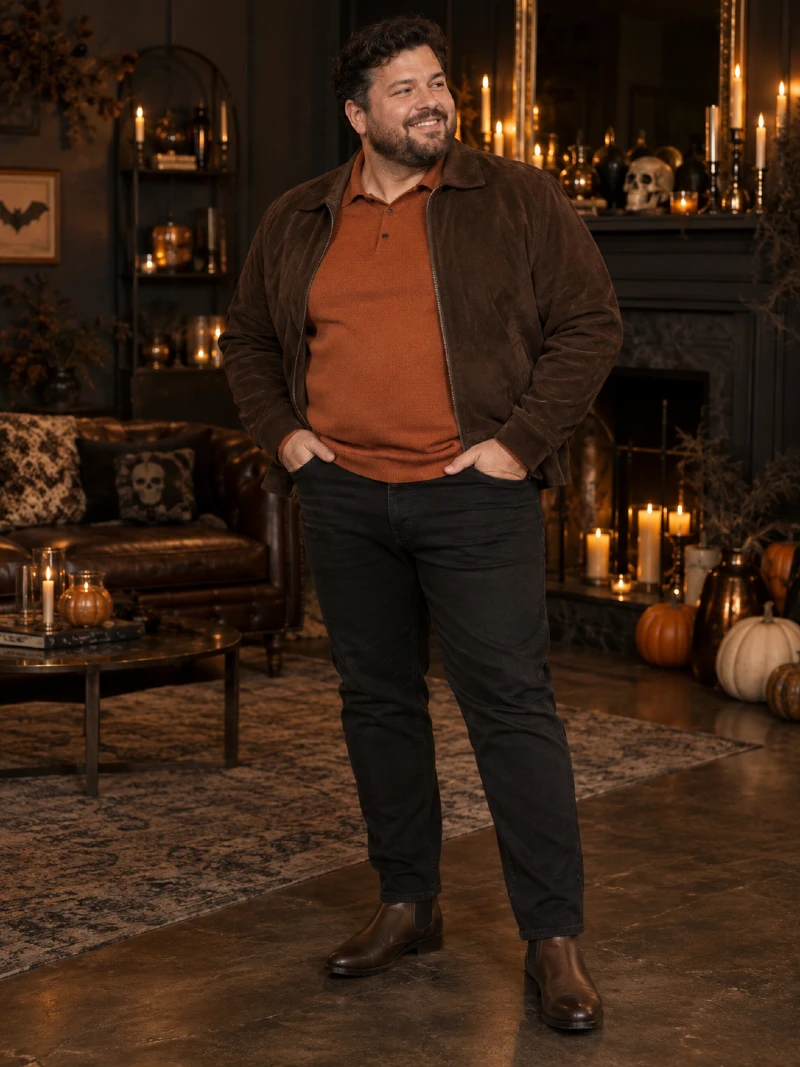 Brown Suede Jacket With Rust Polo and Dark Jeans