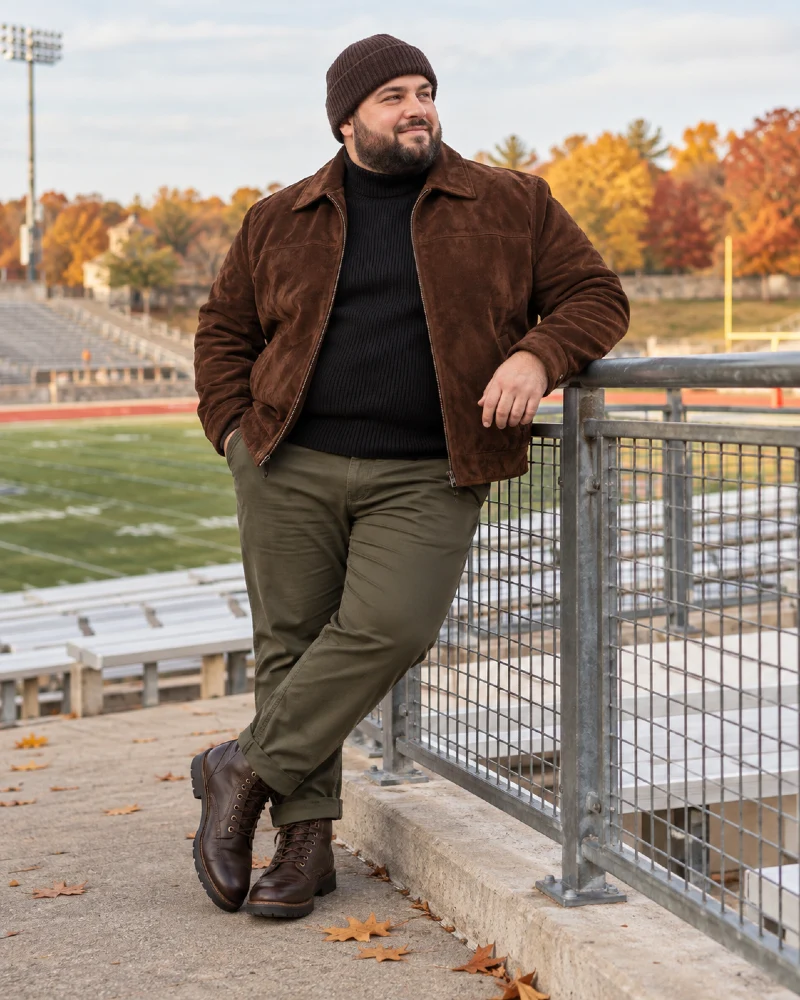 Brown Suede Jacket and Black Turtleneck for a Fall Football Game