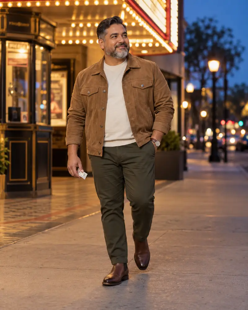 Brown Suede Jacket and Olive Green Chinos