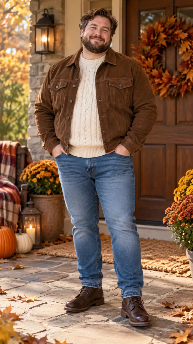 Brown Suede Trucker Jacket, Cream Cable Knit Sweater, Medium Wash Jeans, and Dark Brown Leather Boots