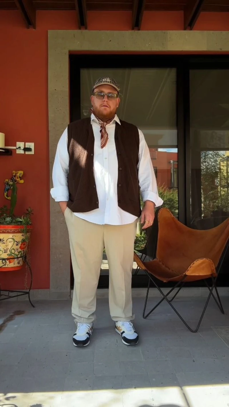 Brown Sweater Vest, Long-Sleeve Shirt, and Beige Trousers
